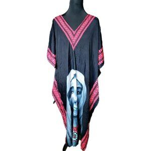 Vintage Caftan Dress Womens One Size Black With Gold Embellishments Boho Kaftan